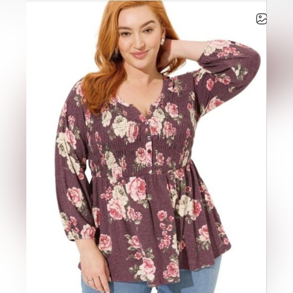 Torrid Floral Print Smocked Henley Women's Top